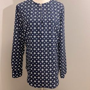 Polo Ralph Lauren Long Sleeve Blouse Navy Geometric Print Loose Fit V Neck L